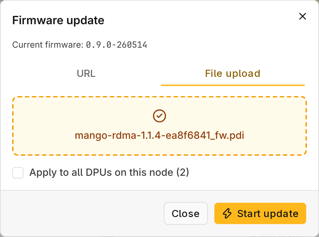 Firmware update dialog with a selected upload file