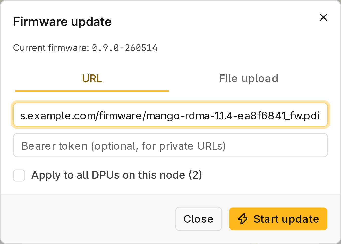 Firmware update dialog with a firmware URL