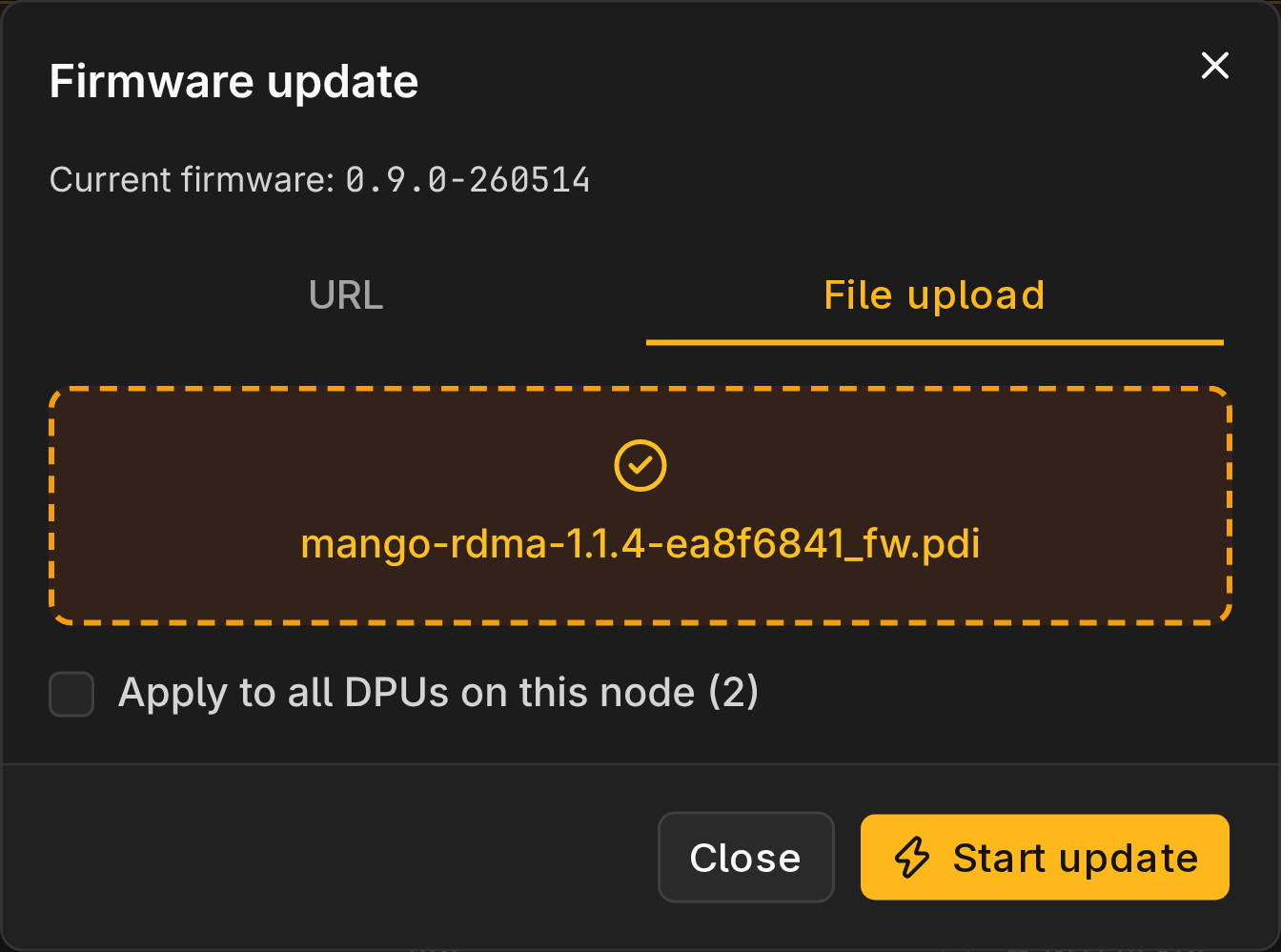 Firmware update dialog with a selected upload file