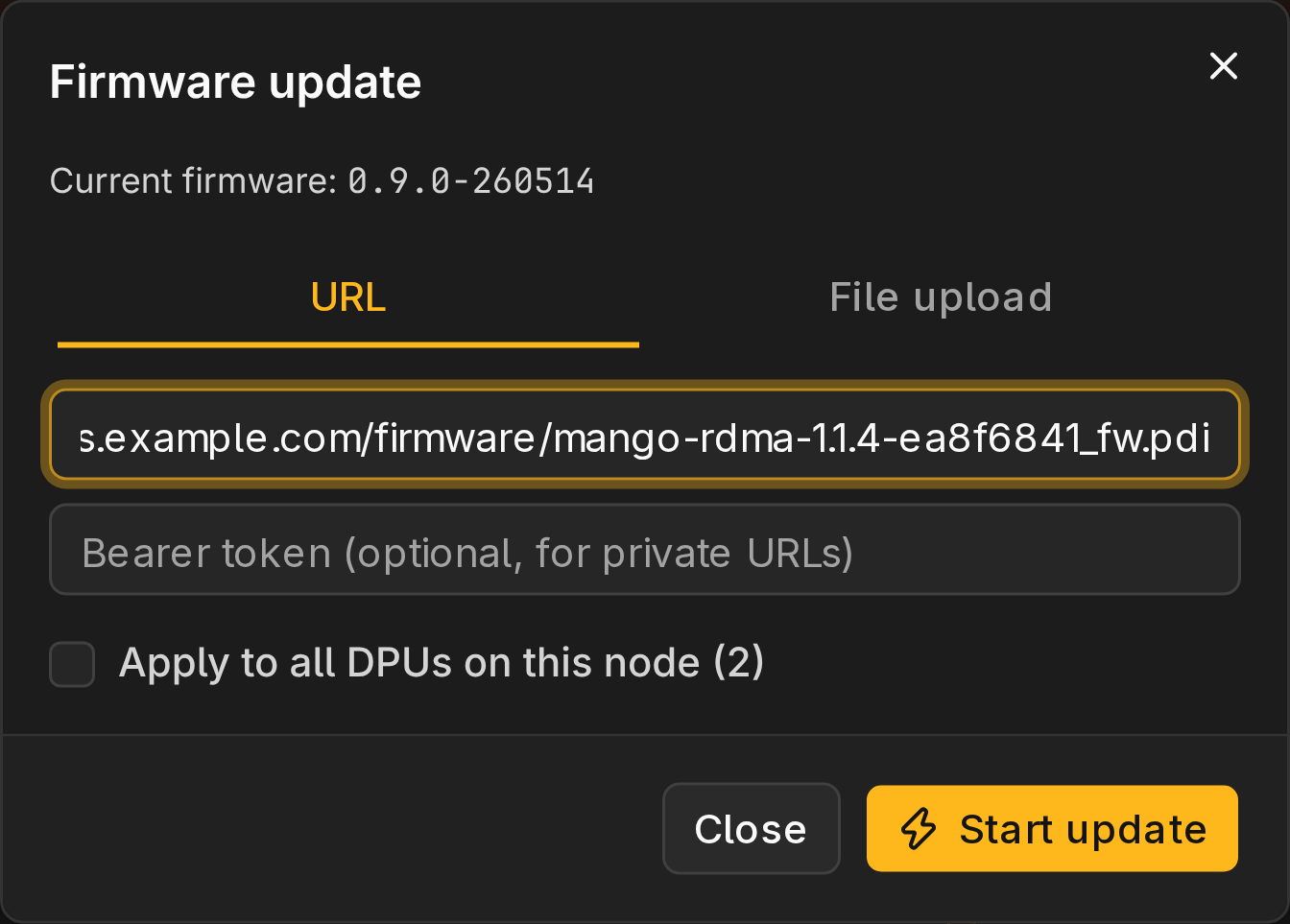 Firmware update dialog with a firmware URL