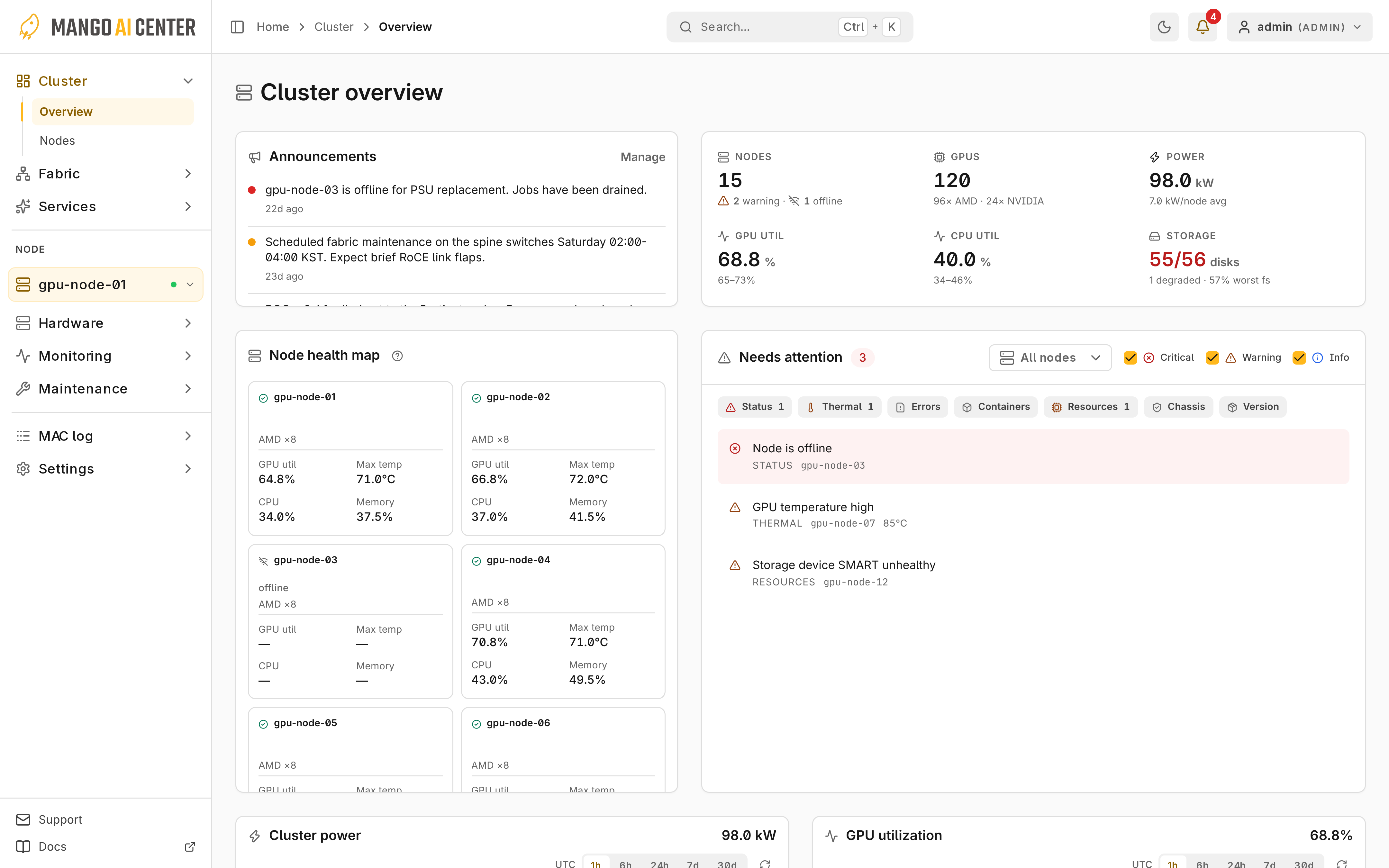 Cluster overview의 전체 node 상태와 요약