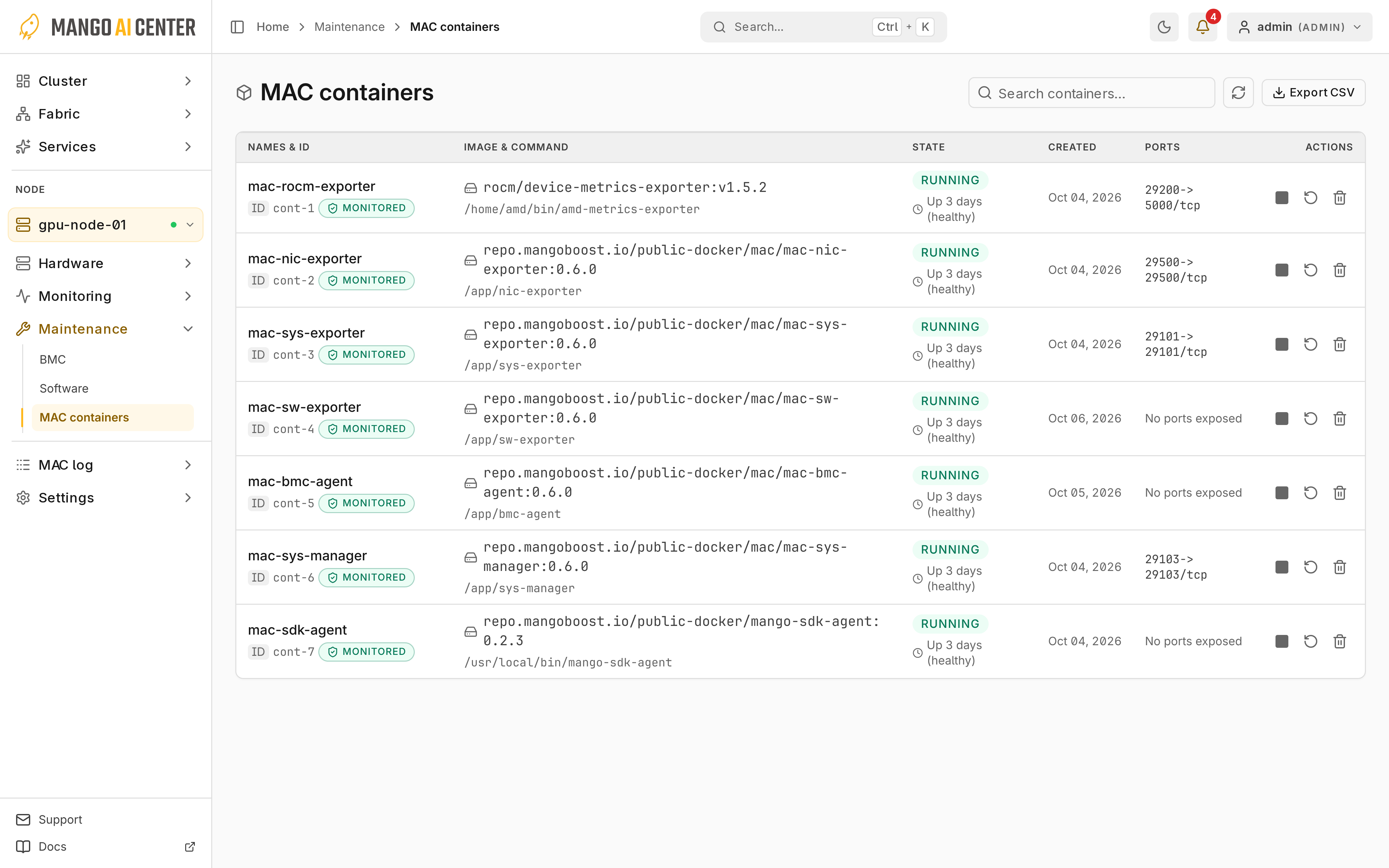 MAC containers의 컨테이너 상태와 제어