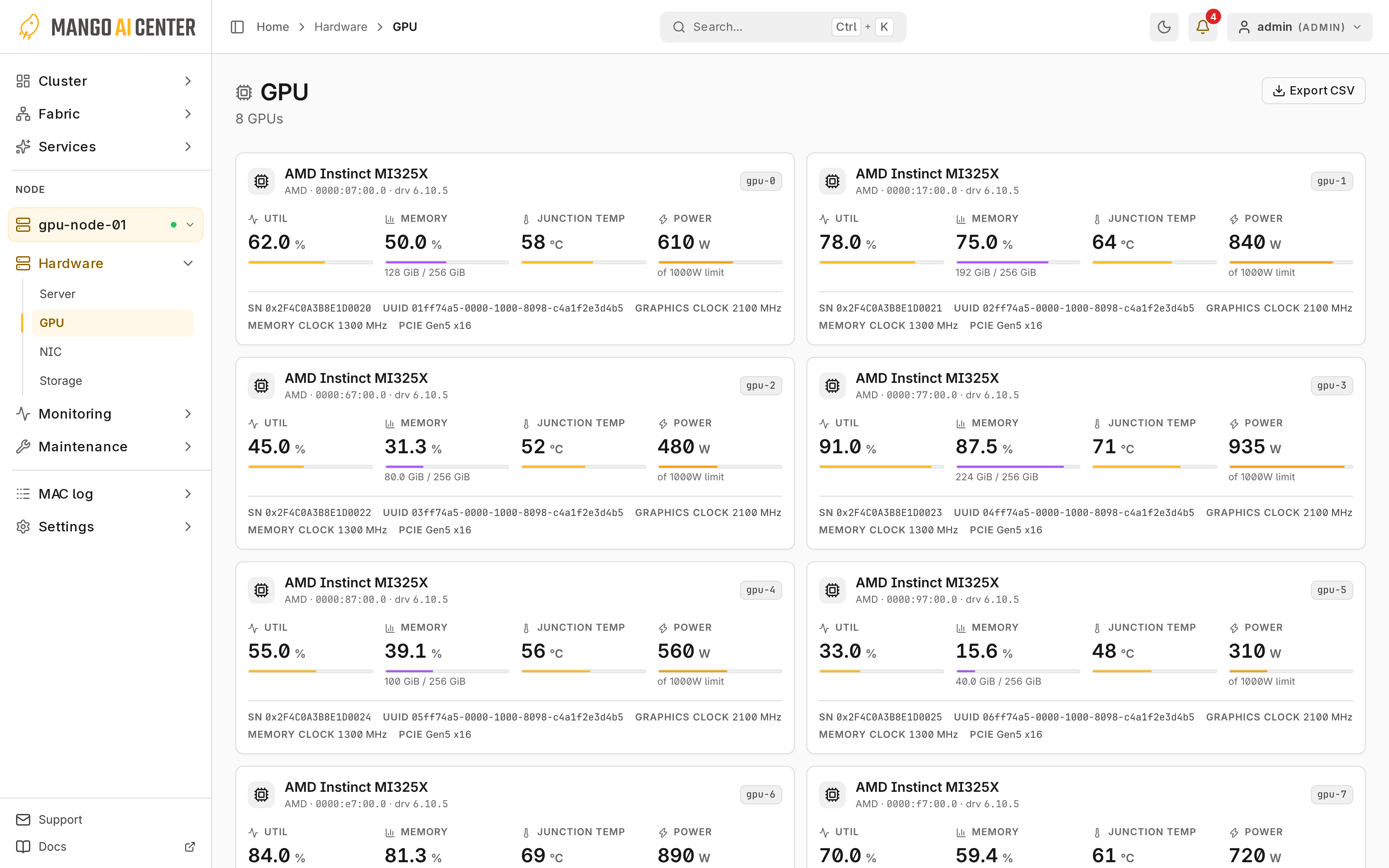 GPU: 선택한 node의 GPU 카드와 측정값
