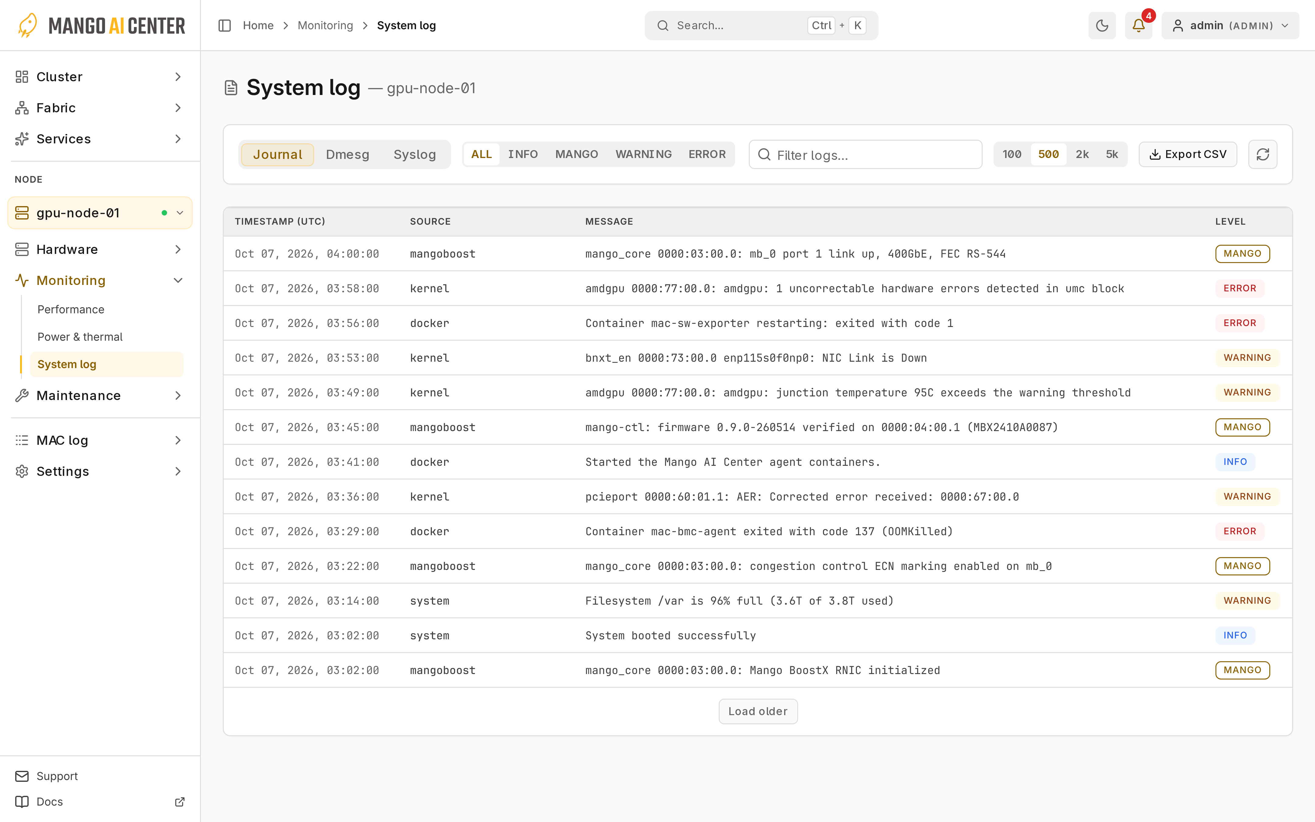 System log의 호스트 로그와 필터