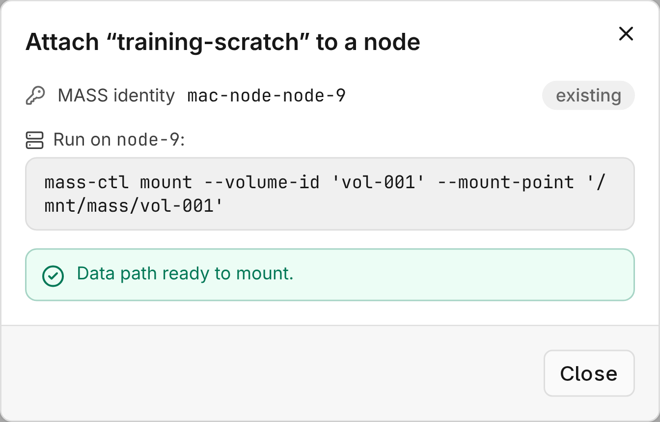 Attach to node: 연결 준비 결과와 node에서 실행할 마운트 명령