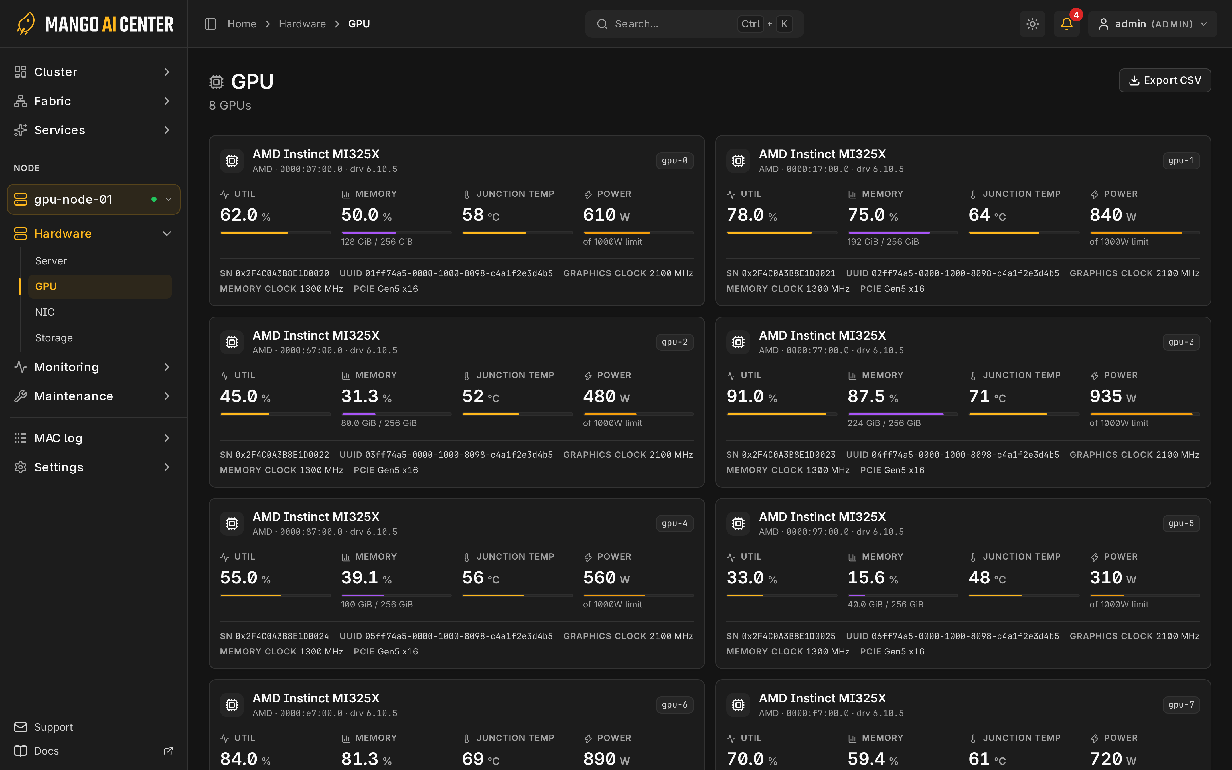 GPU: 선택한 node의 GPU 카드와 측정값