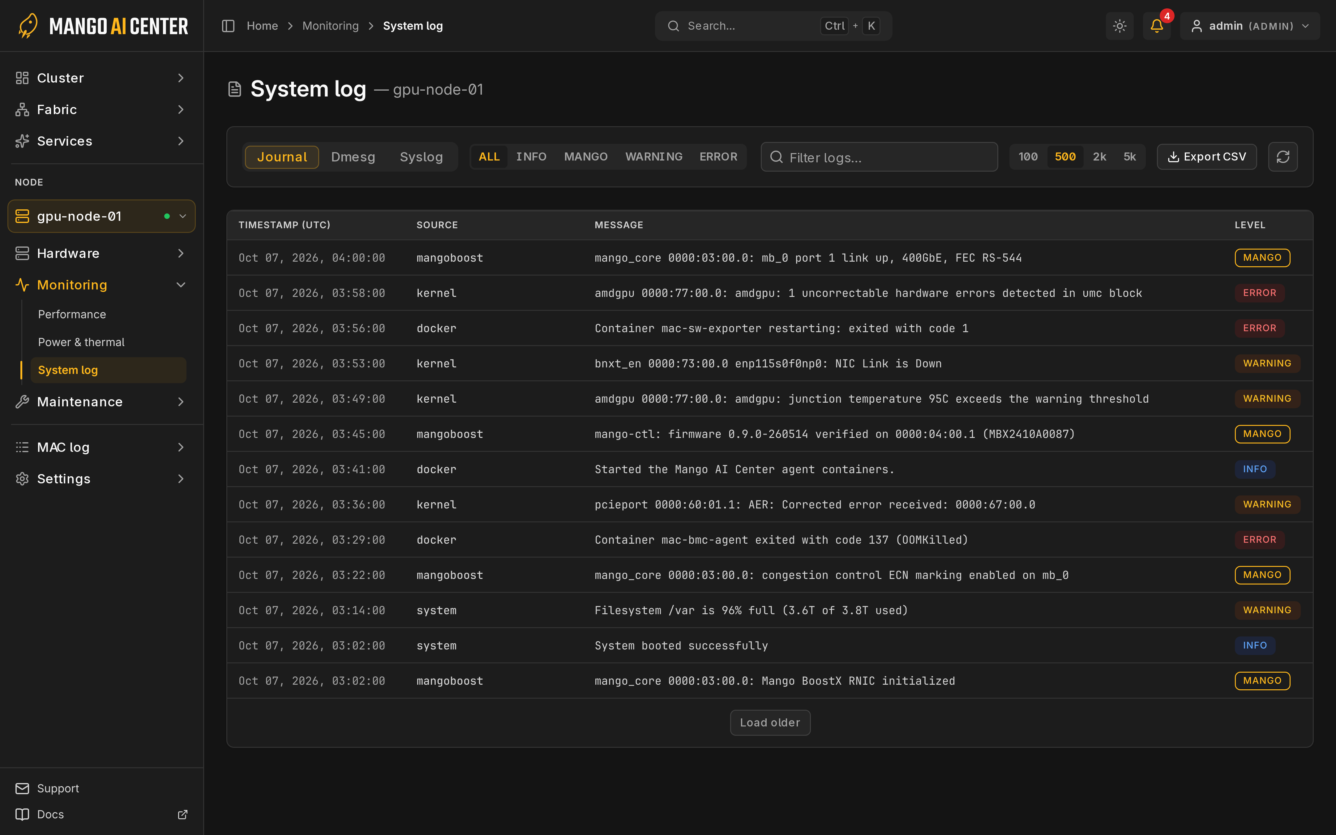 System log의 호스트 로그와 필터