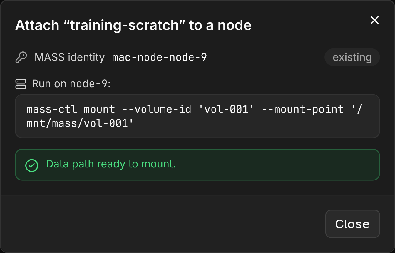 Attach to node: 연결 준비 결과와 node에서 실행할 마운트 명령